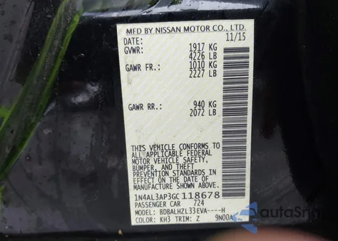 2016 Nissan Altima 2.5 Sr z USA, uszkodzony, nr VIN 1N4AL3AP3GC118678